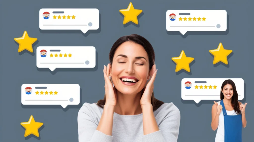 Mujer feliz con 5 reseñas de Google
