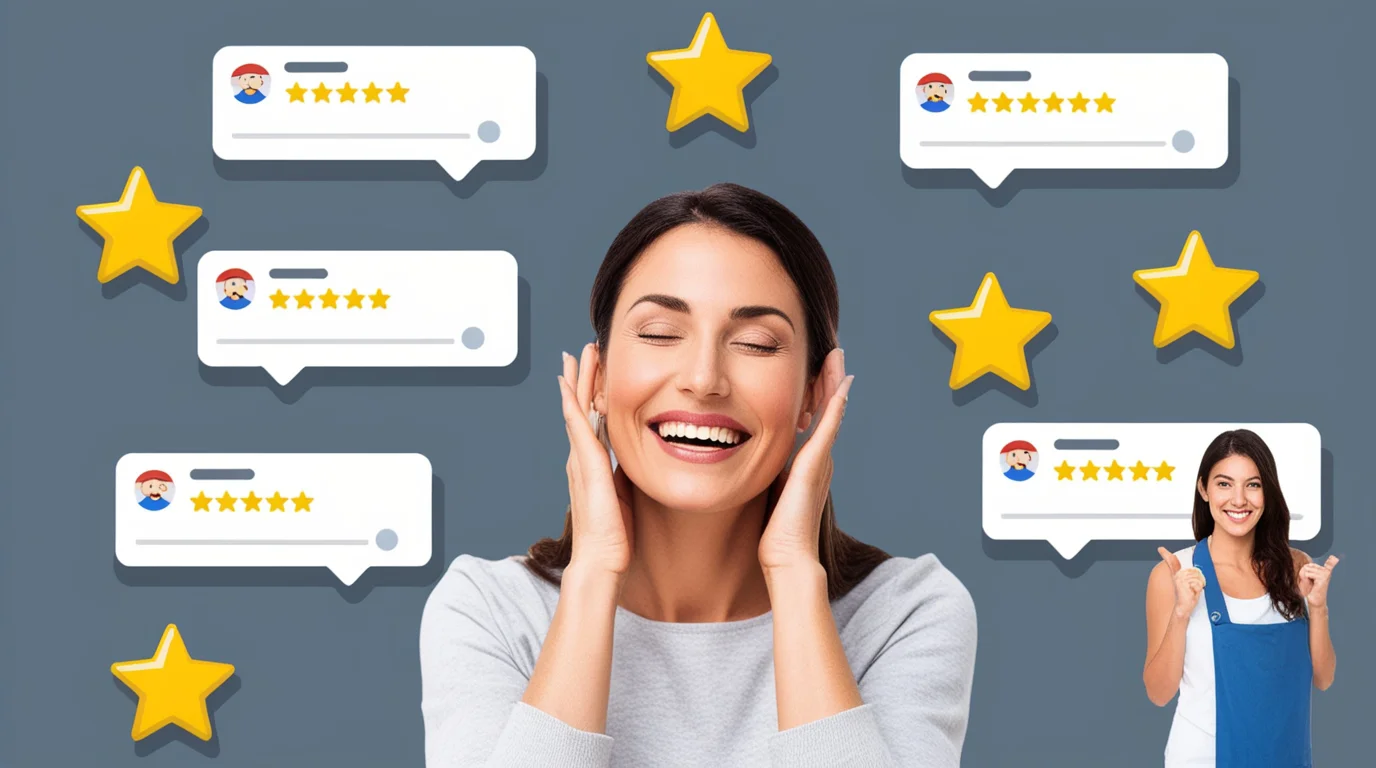 Mujer feliz con 5 reseñas de Google